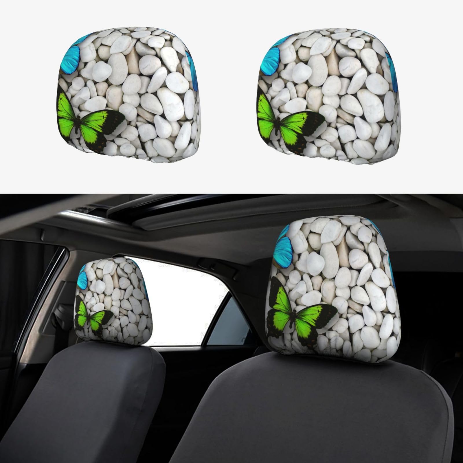 WXWJSHMGC Autositz-Kopfstützenbezug, Motiv: Blauer Schmetterling, grüner Schmetterling und Stein, personalisierbar, 2 Stück WXWJSHMGC Autositz-Kopfstützenbezug, Motiv: Blauer Schmetterling, grüner Schmetterling und Stein, personalisierbar, 2 Stück von WXWJSHMGC