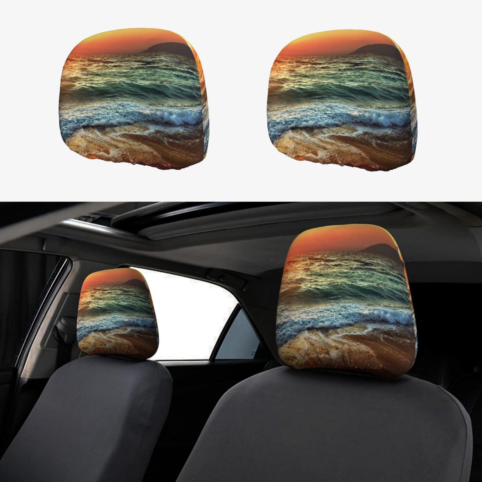 WXWJSHMGC Autositz-Kopfstützenbezug, Motiv: Wellen und Sonnenuntergang, personalisierbar, 2 Stück WXWJSHMGC Autositz-Kopfstützenbezug, Motiv: Wellen und Sonnenuntergang, personalisierbar, 2 Stück von WXWJSHMGC