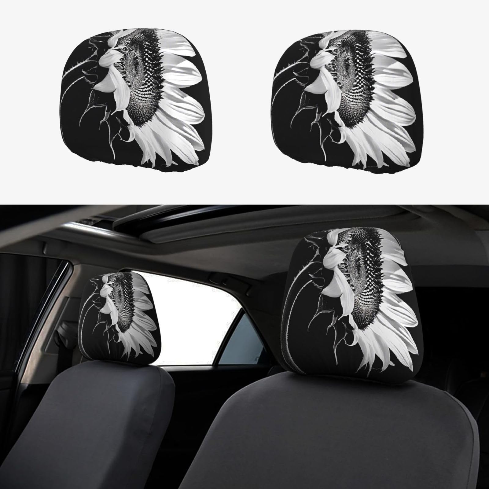 WXWJSHMGC Autositz-Kopfstützenbezug, Sonnenblumen-Motiv, personalisierbar, Schwarz / Grau, 2 Stück WXWJSHMGC Autositz-Kopfstützenbezug, Sonnenblumen-Motiv, personalisierbar, Schwarz / Grau, 2 Stück von WXWJSHMGC