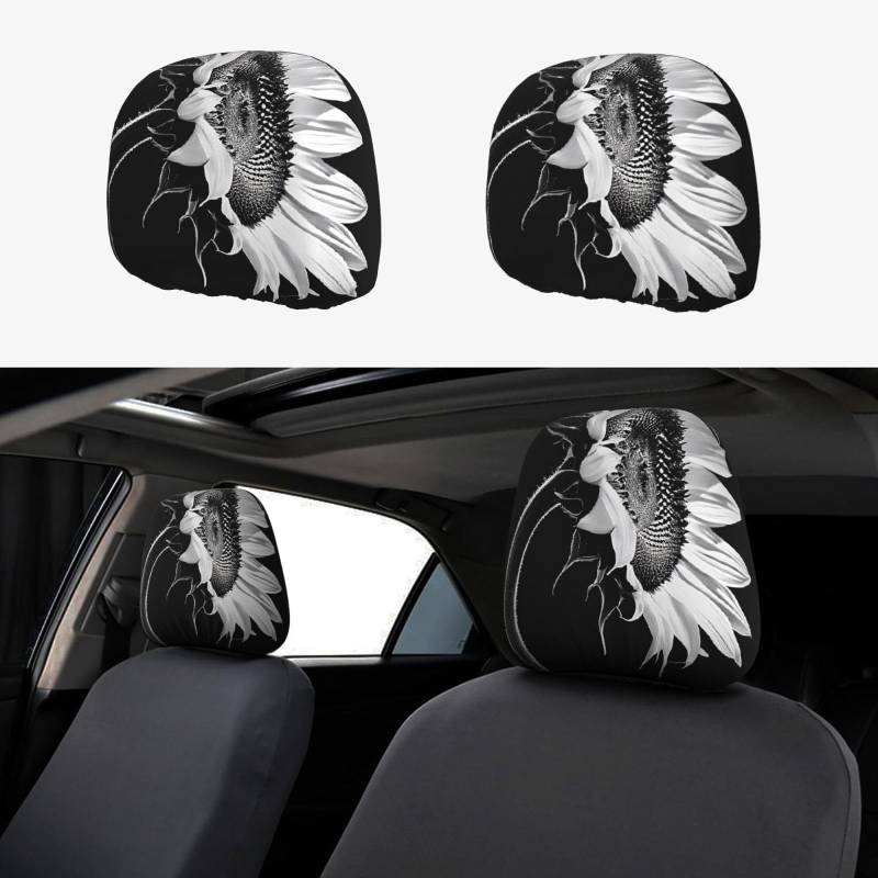 WXWJSHMGC Autositz-Kopfstützenbezug, Sonnenblumen-Motiv, personalisierbar, Schwarz / Grau, 2 Stück von WXWJSHMGC