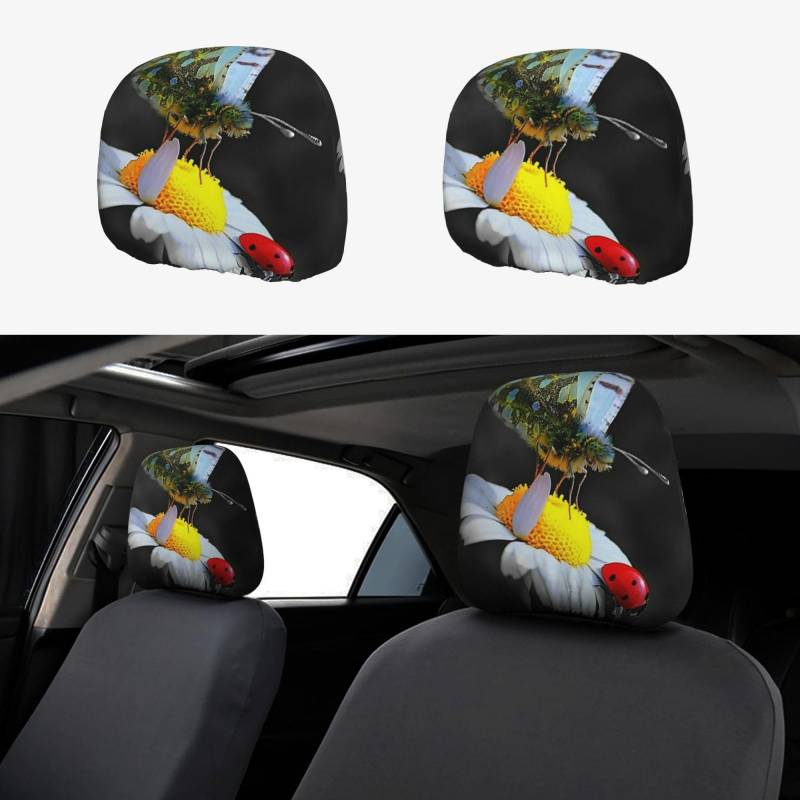 WXWJSHMGC Autositz-Kopfstützenbezug mit Schmetterlingsmarienkäfer-Blumendruck, personalisierbar, 2 Stück von WXWJSHMGC