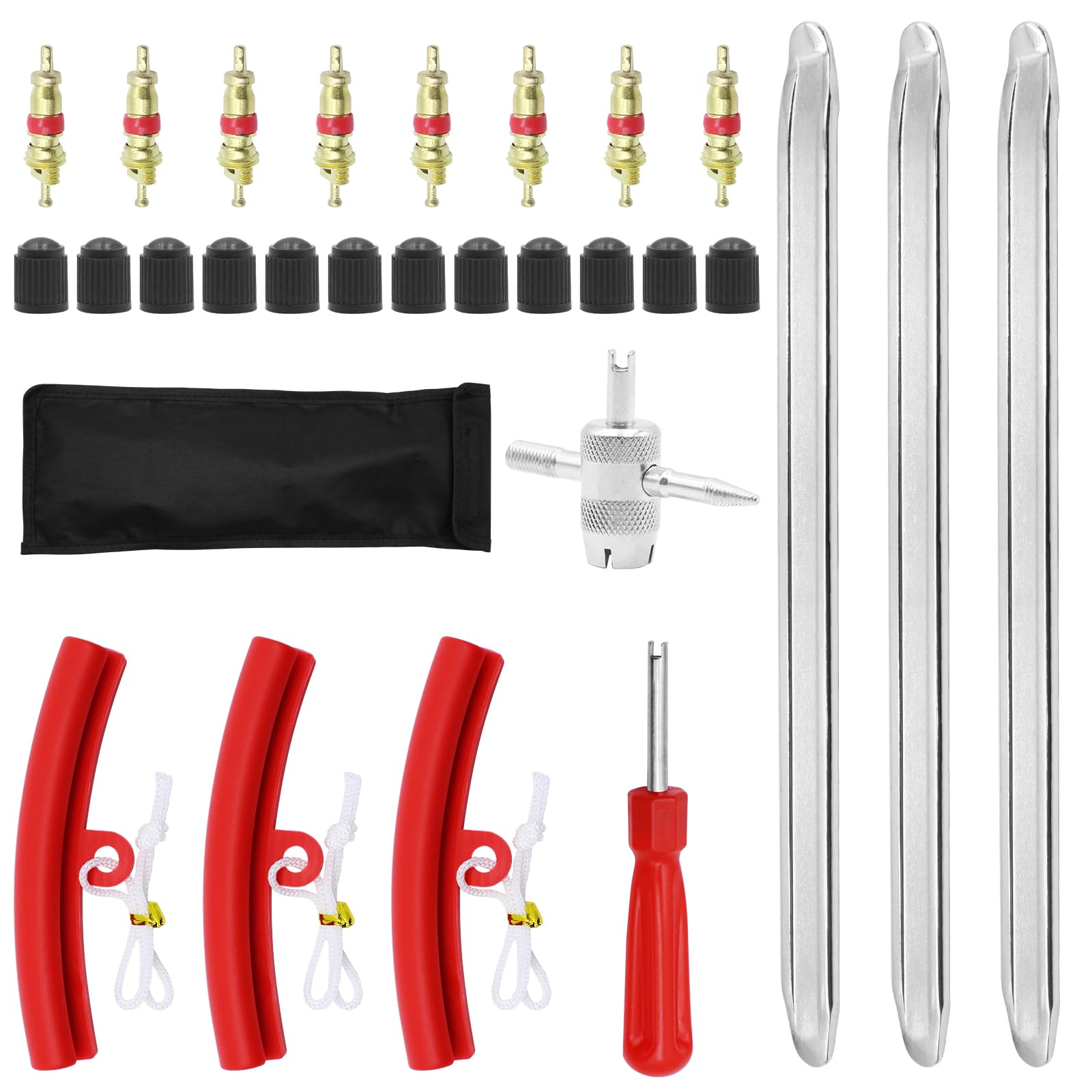 WYYFXY® Reifenmontage Set, 29 Stück Montiereisen Reifen Reifenheber Tool, 3 Reifenmontierhebel, 3 Felgenschutz, 8 Autoventil, 12 Ventilkappen, 2 Ventilschlüssel, 1 Tasche von WYYFXY