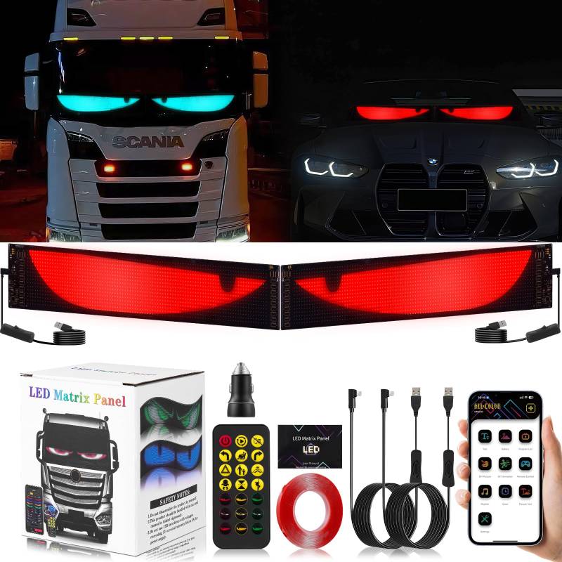 2er Devil Eyes Light for Cars LKW Led Augen, Dynamische Led Weicher Bildschirm Programmierbar Laufschrift Leuchtreklame, mit APP-Steuerung und Fernbedienung Bluetooth USB 5V (12CM*60CM) von WZTO