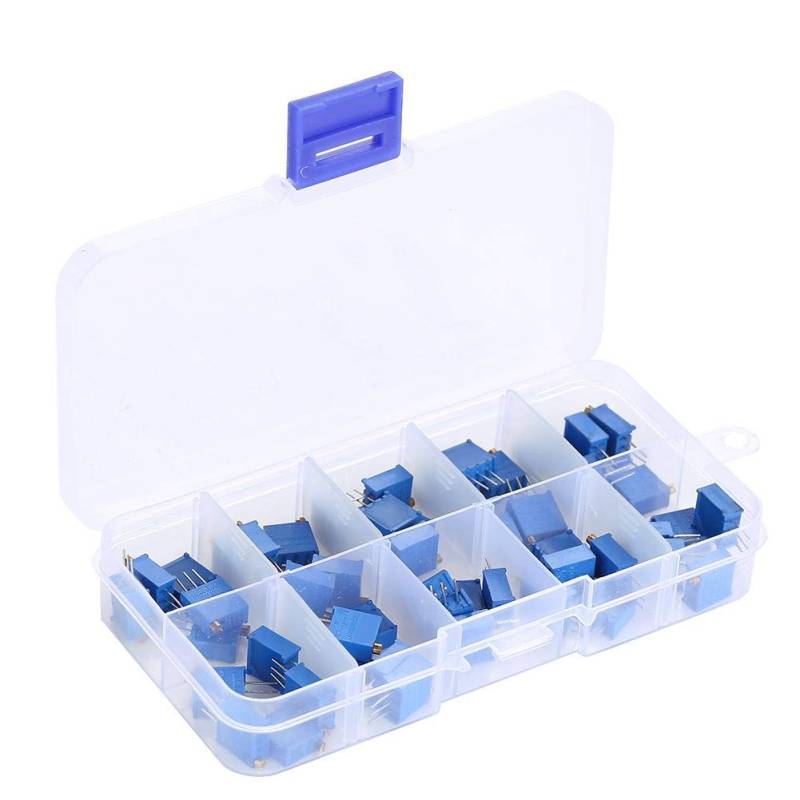 Walfront 50 Stück Multiturn Trimmer Potentiometer Sortiment Kit 3296W, 100/200/500/1k/2k/5k/10k/20k/100k/500k Ohm, verstellbarer Trimmerwiderstand, Blau, Manuell, Drehbar von Walfront