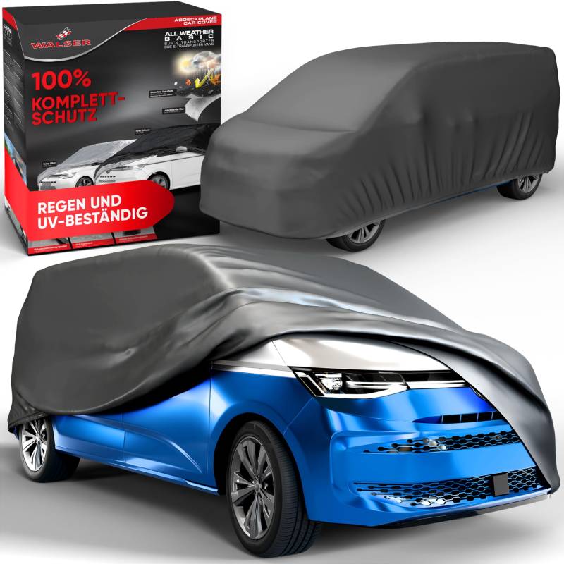 Walser Abdeckplane Auto All Weather, Abdeckplane wasserdicht, 100% wetterfeste Transporter Abdeckplane, Bus Autoplane Größe 12 grau kompatibel mit VW Caddy/T4/T5/T6, Mercedes Viano/Vito von Walser