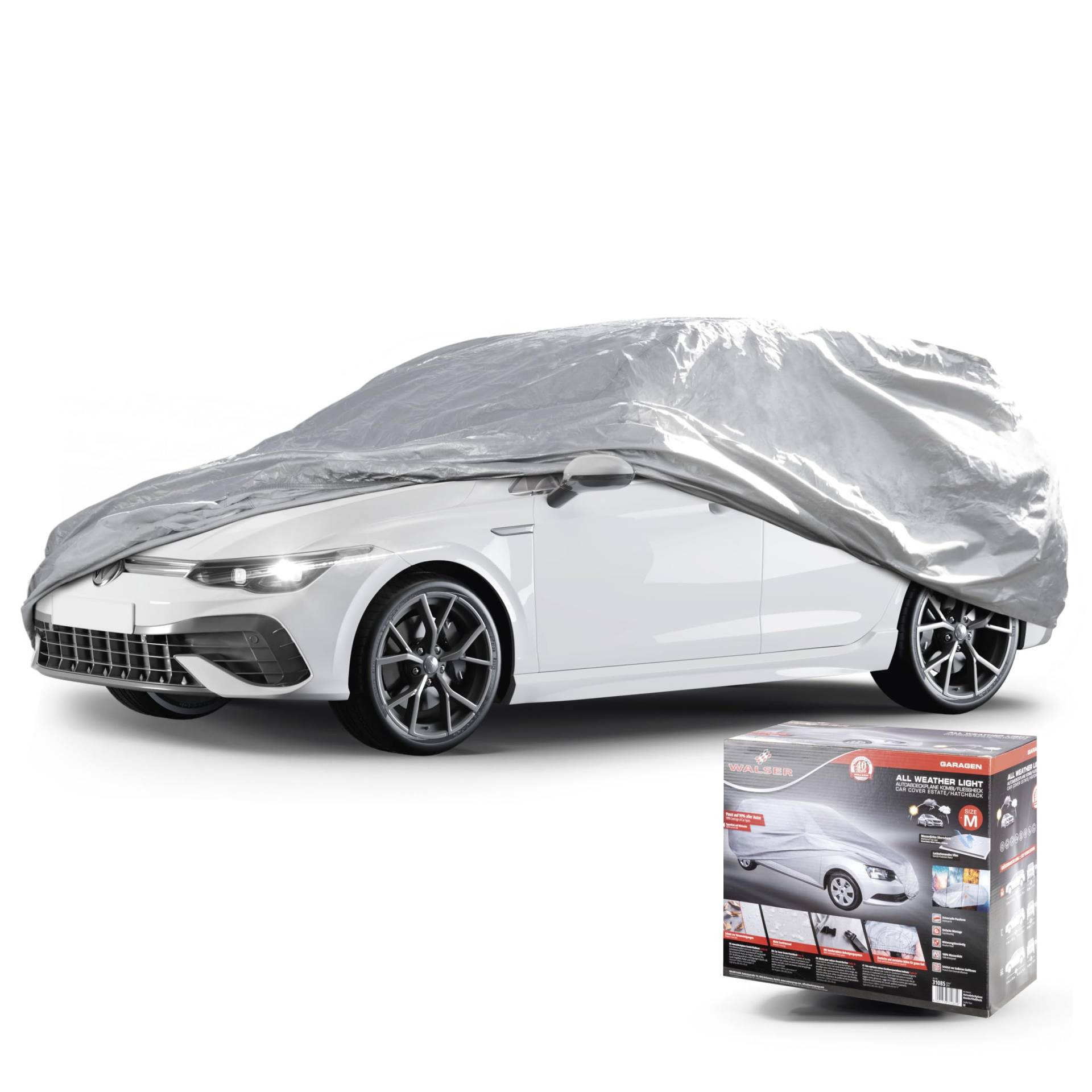 WALSER Autoabdeckung All Weather Light Vollgarage Kombi Größe M hellgrau, wasserdichte Autogarage, Staubdicht mit UV Schutz, verstärkte Gurtbefestigung von Walser