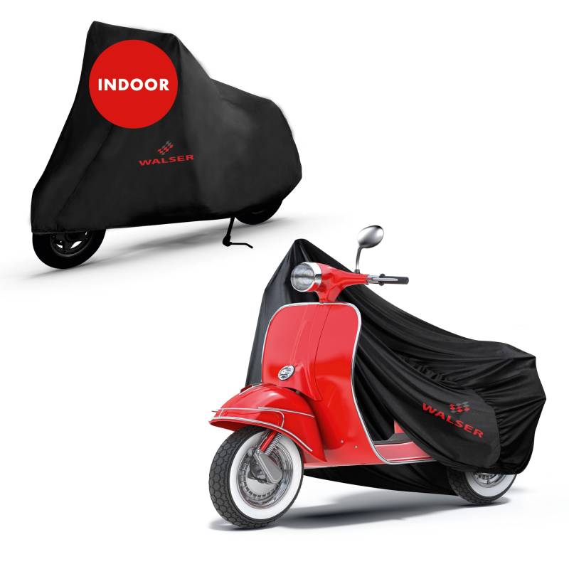 Walser Indoor Motorrad Abdeckplane, 100% passende Vespa Abdeckplane Indoor Stretch, Motorradgarage Innenbereich, Roller Abdeckung Winterfest, Motorradabdeckung, Vespa Zubehör schwarz S 185x90x110 cm von Walser