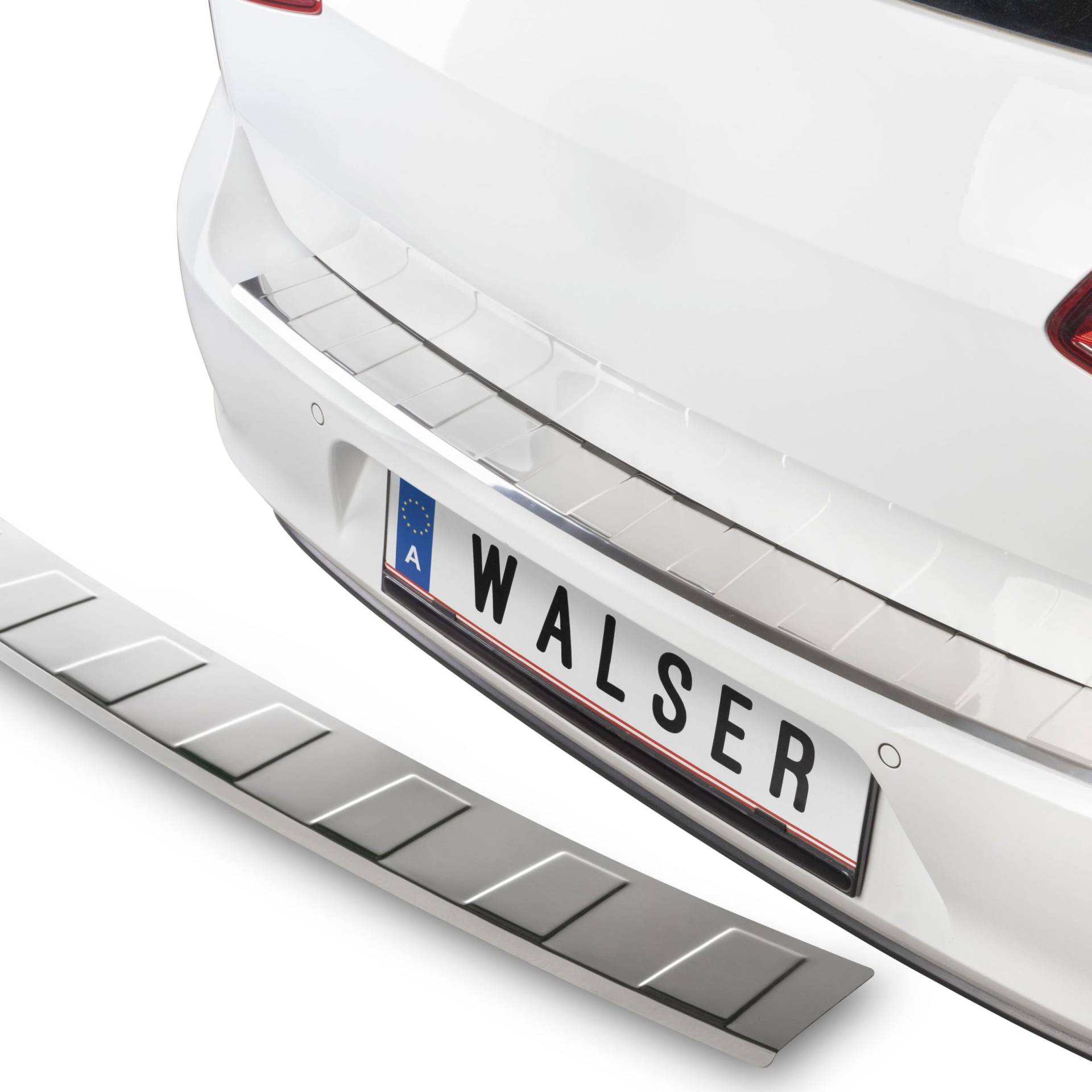 WALSER Premium Ladekantenschutz kompatibel mit VW Golf VII Variant (BA5, BV5) 2013-2020, 100% maßgeschneiderter Kantenschutz Edelstahl Proguard, Kofferraum Stoßstangenschutz Auto Made in EU Silber von Walser