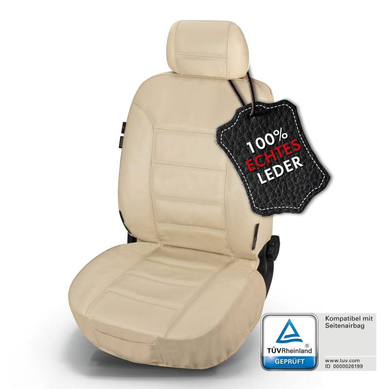 Walser Premium Autoschonbezug Billy Leder, hochwertiger Lederbezug für Vordersitz, Auto-Sitzschoner echtes Leder Fahrer-/Beifahrersitz, Sitzbezüge Echtleder in Universalgröße beige von Walser
