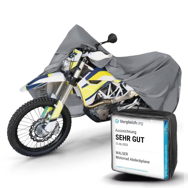 Walser Motorrad Abdeckplane XL aus robustem PVC Abdeckplane wasserdicht Vespa Abdeckplane Outdoor Motorrad Plane wasserdicht Motorrad Zubehör Abdeckplane Motorrad grau mit Tasche 255x110x135 cm von Walser