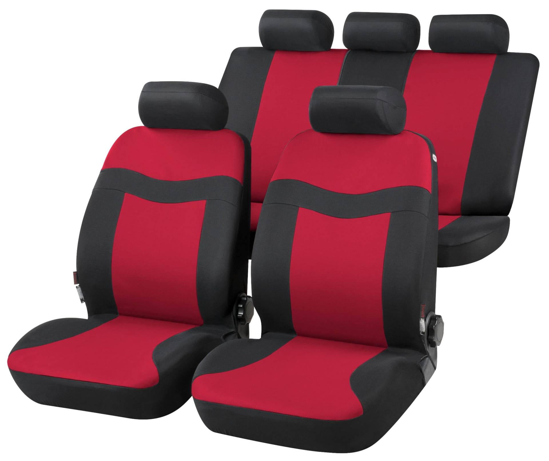 Walser Auto-Sitzbezug Rockford, Universal-Sitzbezug Komplett-Set, PKW-Sitzbezüge, 2 Vordersitzbezüge, 1 Rücksitzbankbezug schwarz/rot von Walser
