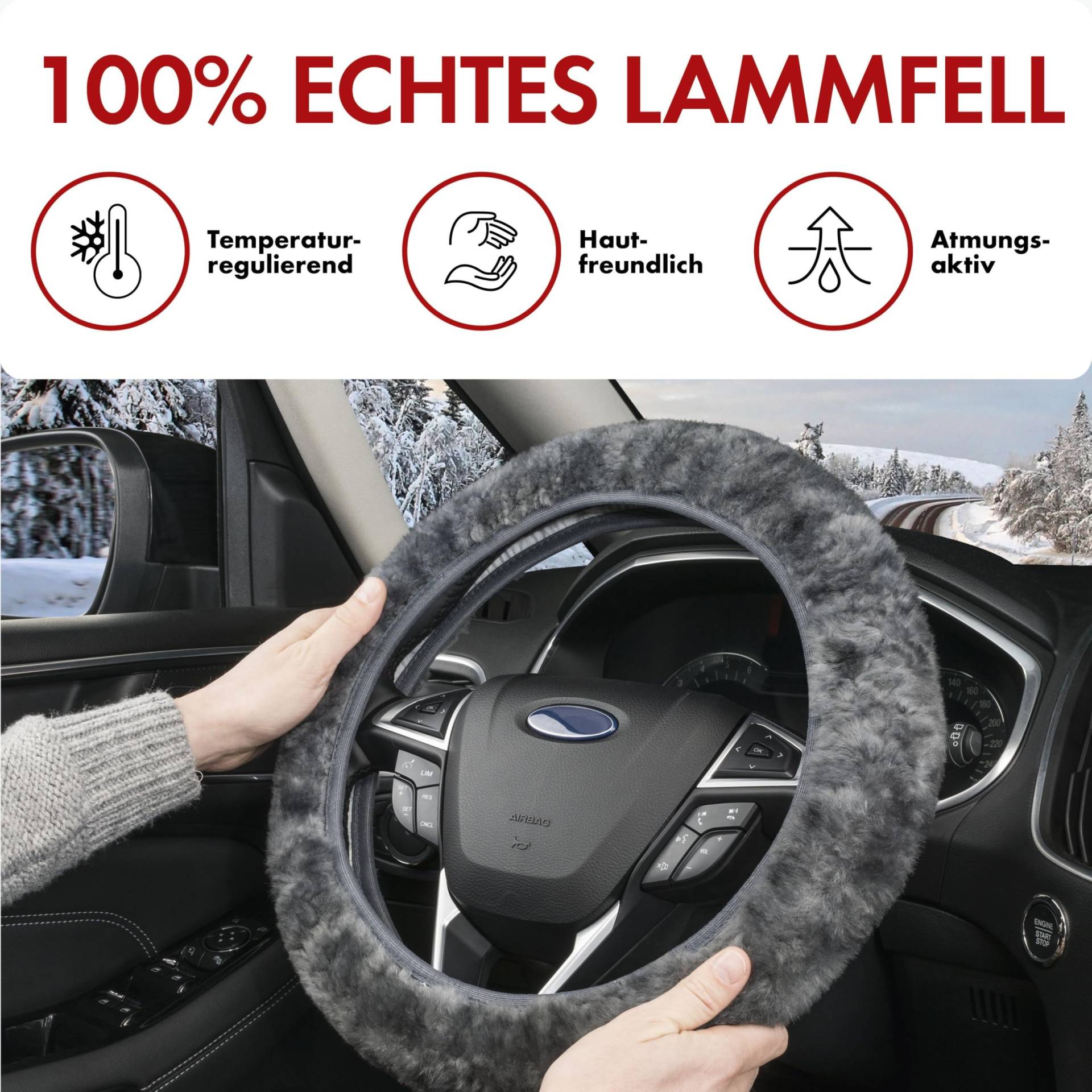 Walser Lammfell Lenkradbezug Auto, 100% Lammfell Lenkradschutz Auto, Auto Lenkradbezug, Lenkradbezug Fell, Lenkrad Bezug, Auto Winter Zubehoer, Lenkradbezug Winter, Lenkrad Wärmer anthrazit von Walser