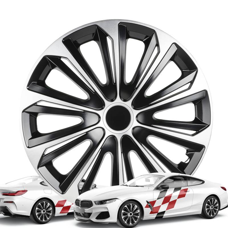 WALSER Premium Radkappen New Racer, 4er Set Radkappen Auszeichnung Sehr Gut*, Radzierblenden 16 Zoll, Radblenden für Alufelgen Stahlfelgen, Auto Radzierblende schwarz Silber - Made in Europe von Walser