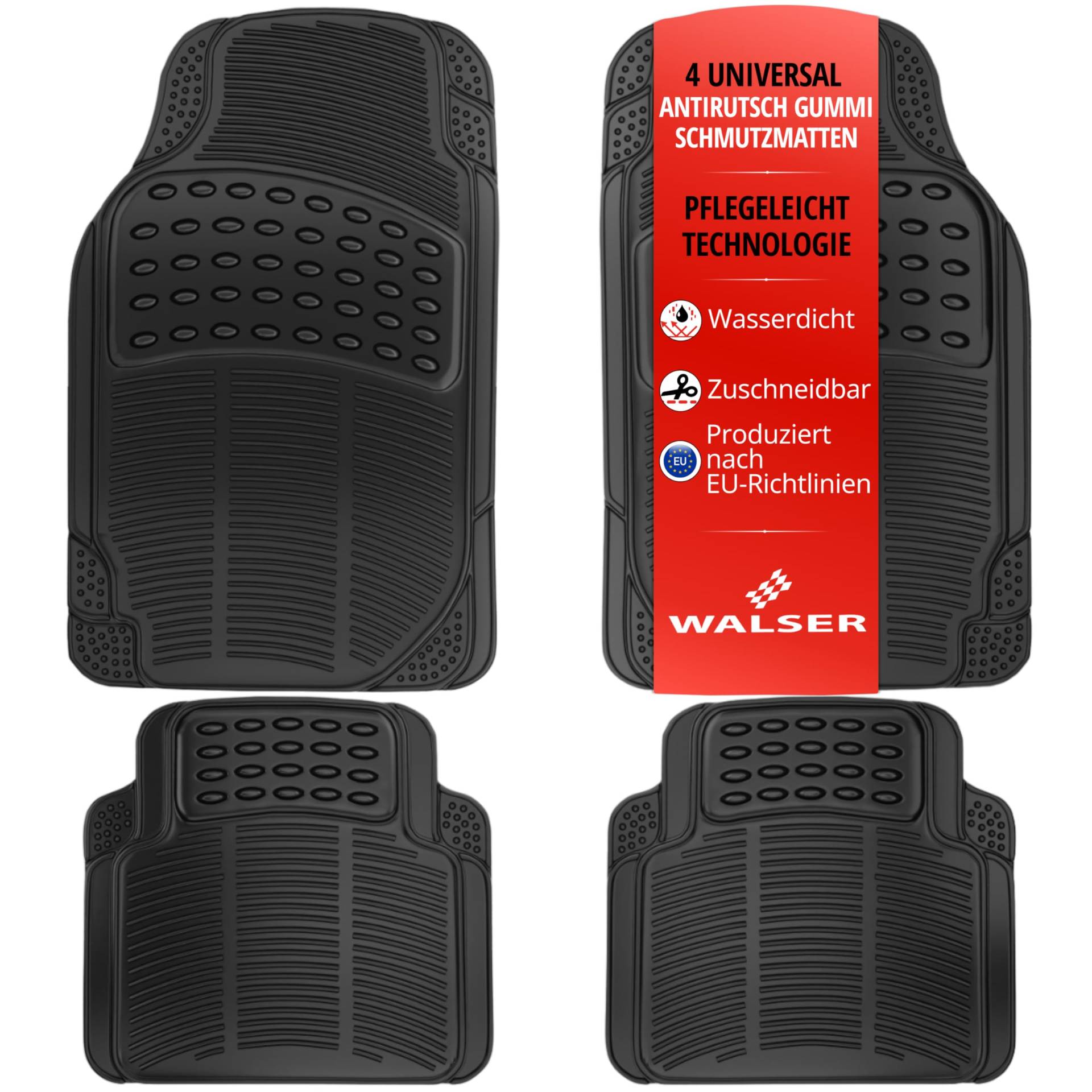 Walser Universal Auto-Gummimatten-Set Spartakus, Automatten 4-teilig zuschneidbar, Universal Fußmatten-Auto, PKW-Fußraummatten schwarz von Walser