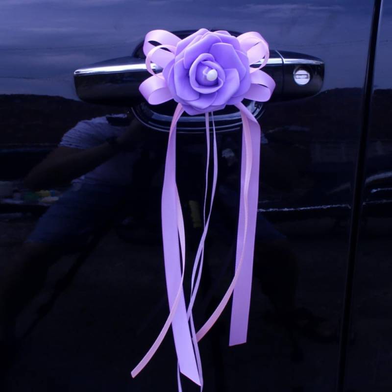 4 Stück Künstliche Blume Autoschleifen Hochzeit Autoschmuck Autodekoration Autotürgirlande Hochzeitsautodekoration Car Decoration Wedding Auto Rückspiegel Türgriffdekorationen,Lila Rosa von Wambere