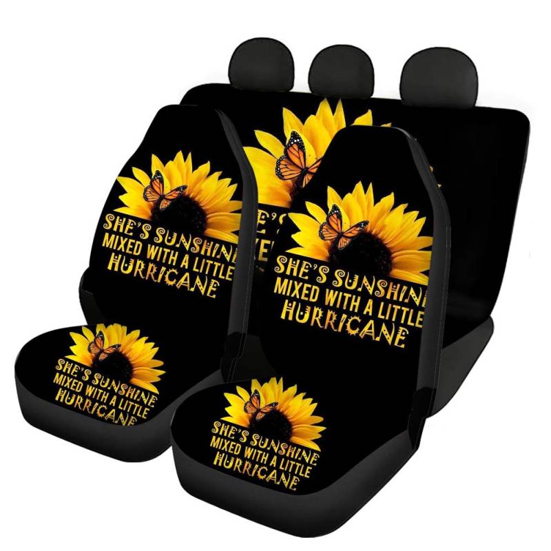 Sonnenblume Autositzbezug für vorne und hinten, komplettes Set von 4 Stück, Damen Herren Weich & Atmungsaktiv Stoff Sitzschoner Floral mit Schmetterling Autozubehör für SUV LKW Van Limousinen von Wanyint