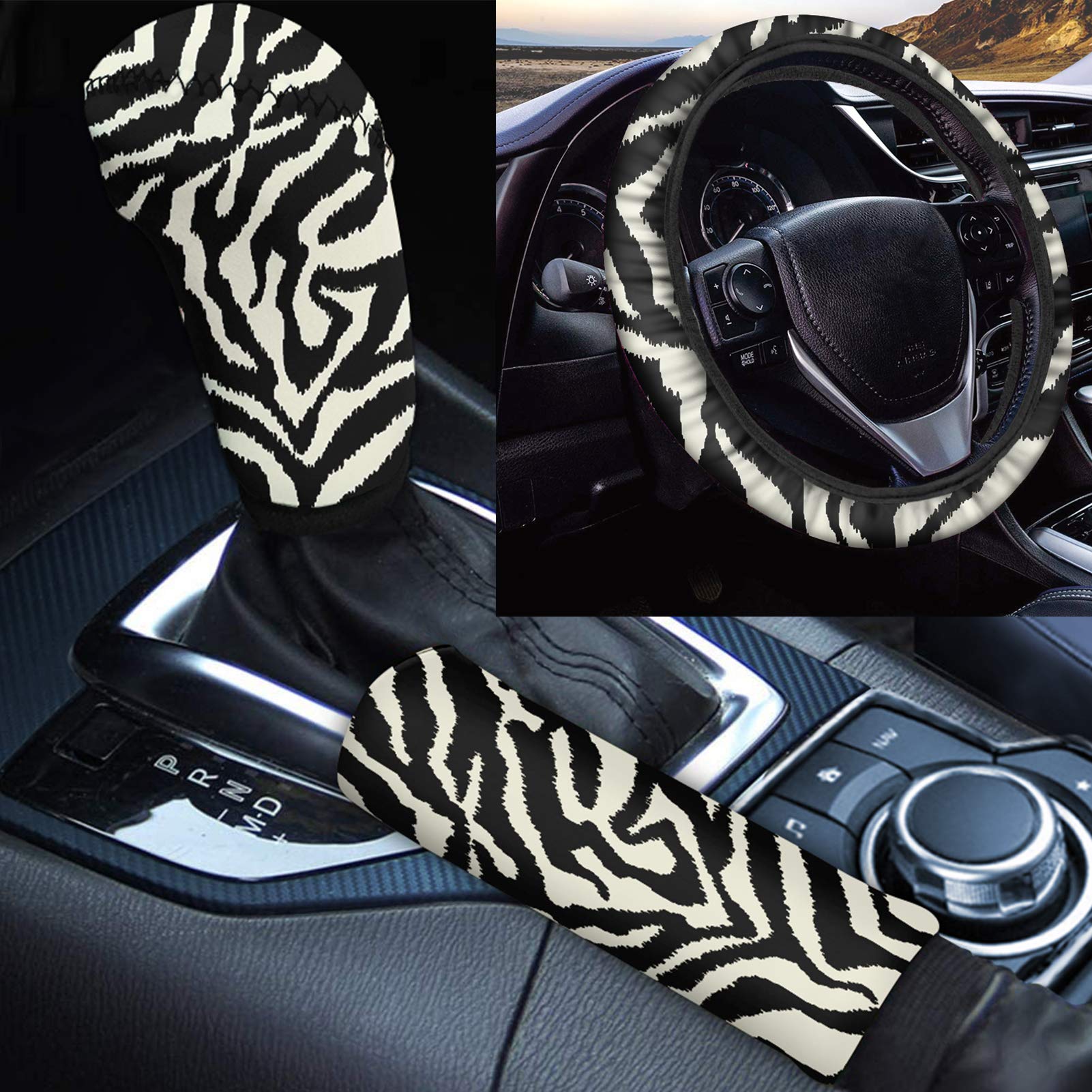 Wanyint 3-teiliges Set mit klassischem Zebra-Tier-Print, Auto-Zubehör, universeller Lenkradbezug, 38,1 cm, rutschfest und schweißabsorbierend, für Herren und Damen von Wanyint