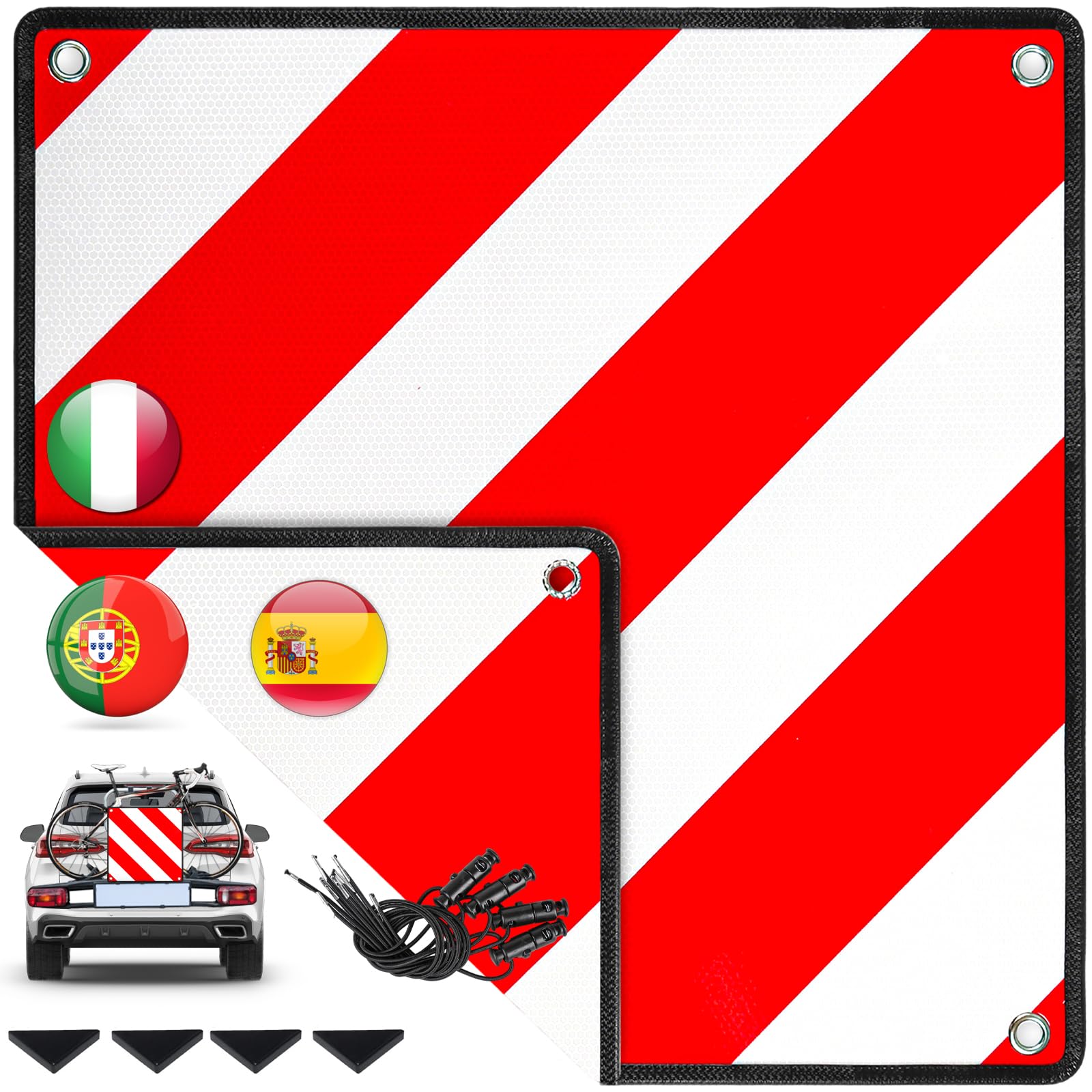 Warmfay® Aluminium Warntafel 3in1 Italien, Spanien & Portugal - inkl. 4X Spanngurte + Schutzecken, 50x50cm Reflektierende Warnschild Rot Weiß für Fahrradträger, Auto, Heckträger, Wohnmobil von Warmfay