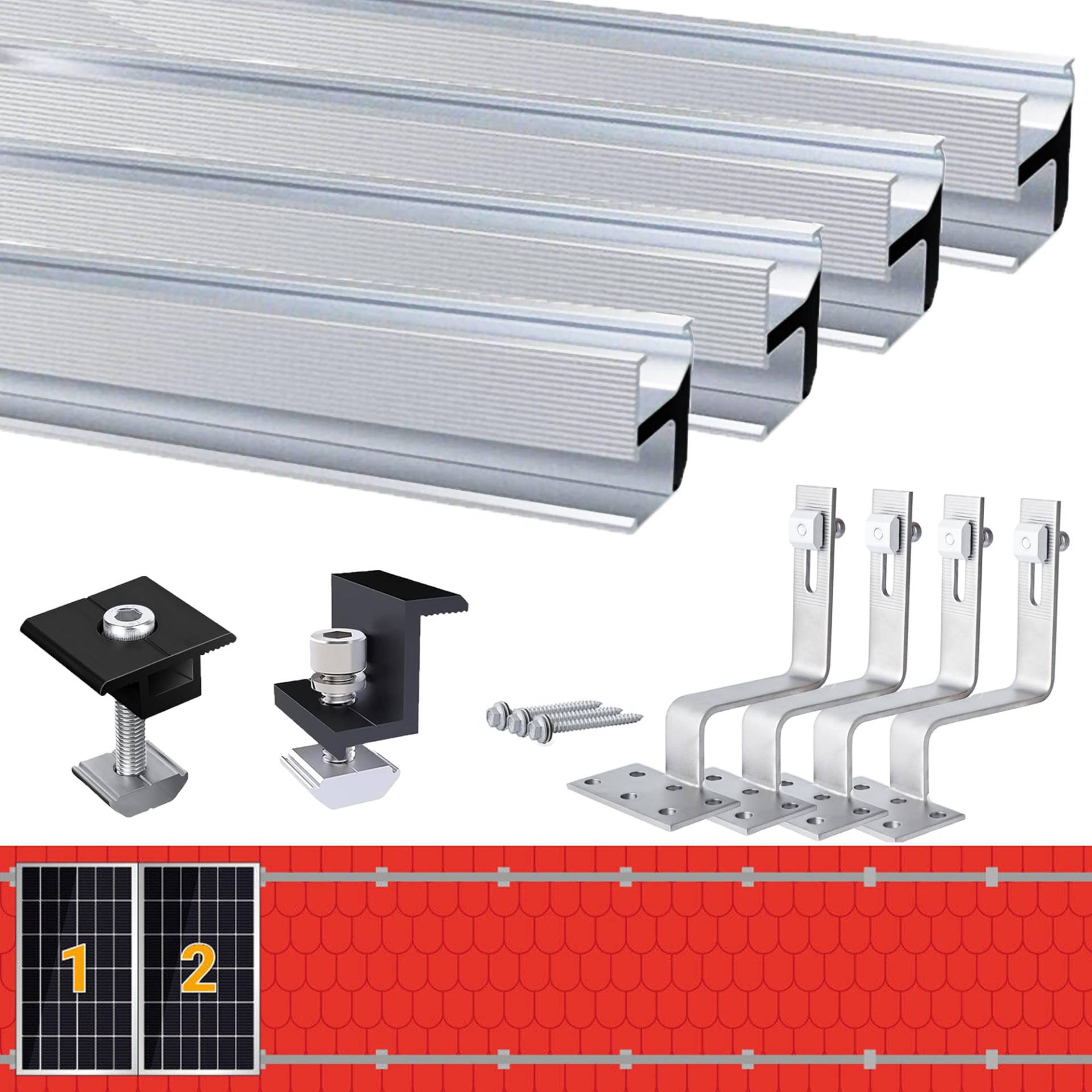 Warmfay Solarmodul Halterung Ziegeldach Set, Alu Photovoltaik Montageschiene 1150MM, Schwarz Klemme für 30MM Dicke Module, Dachhaken Solarmodul Ziegeldach, PV Montageset Ziegeldach 2 Module Warmfay Solarmodul Halterung Ziegeldach Set, Alu Photovoltaik Montageschiene 1150MM, Schwarz Klemme für 30MM Dicke Module, Dachhaken Solarmodul Ziegeldach, PV Montageset Ziegeldach 2 Module von Warmfay