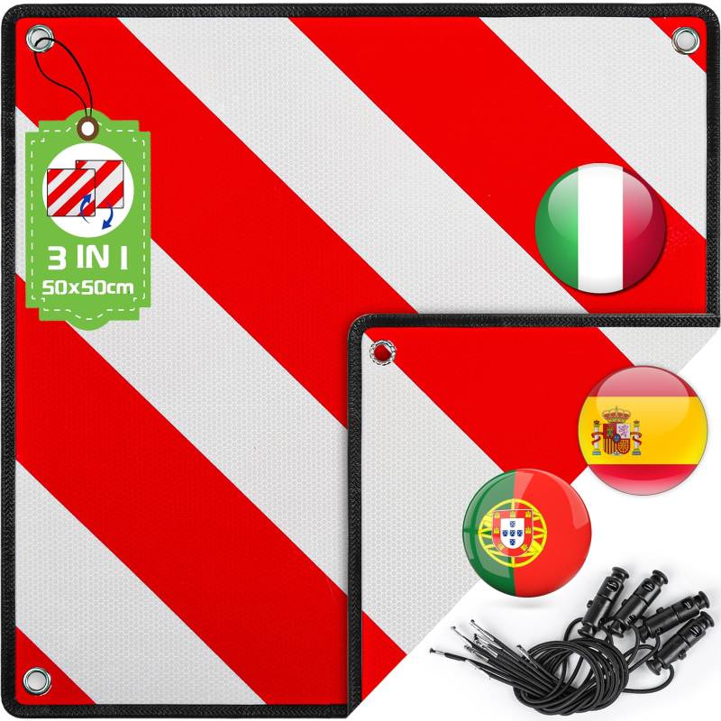 Warmfay Warntafel für Italien Spanien und Portugal Fahrradträger, 3 In 1 Alu Rot Weiß Reflektierend Warnschild 50x50CM mit 4X Spannseile, Zertifizierte für Fahrradträger Heckträger Auto Wohnmobil von Warmfay