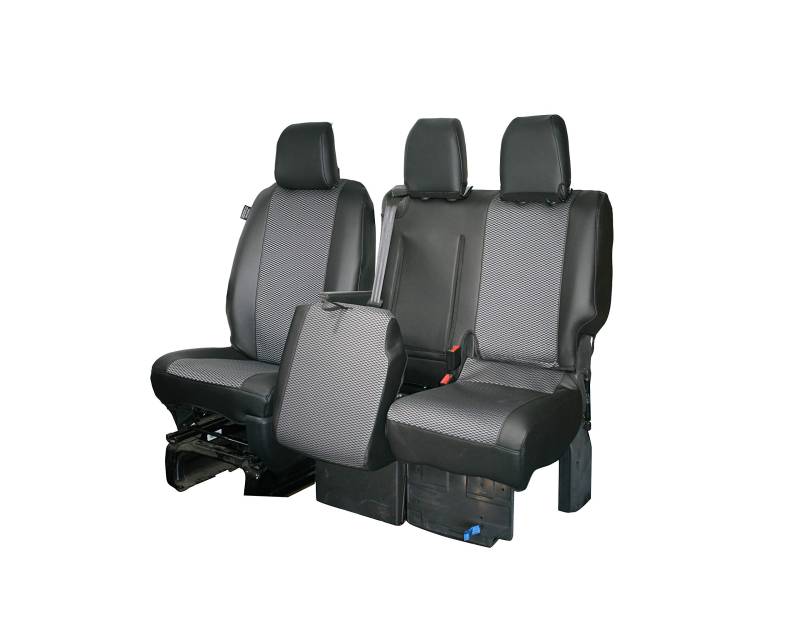 Maßgeschneidert für Opel Vivaro ab 2019 / Citroen Dispatch, Peugeot Expert & Toyota Proace ab 2016 Kunstleder-Sitzbezüge 1+2 mit zweiteiligem Doppelsitzboden / geteilten Sitzen von Waterproof Seat Cover Co