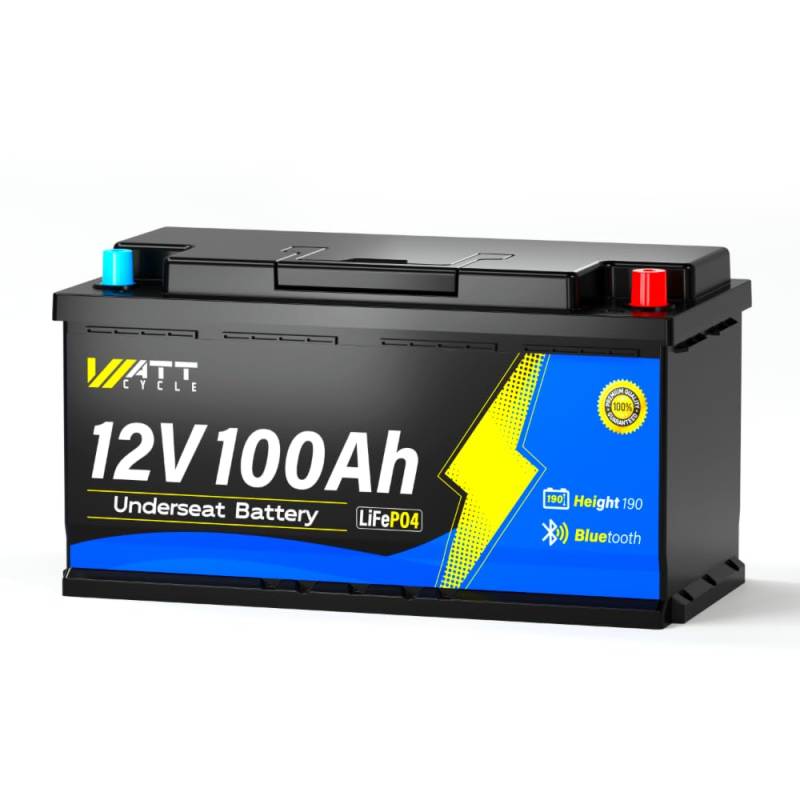 WattCycle 12V 100Ah LiFePO4 RV Untersitzbatterie mit Bluetooth & Smart 100A BMS, Tieftemperaturschutz, Max. 15.000 Zyklen, 20,48kWh, DIN H8 L5 Größe, perfekter Rv Blei-Säure-Ersatz von Wattcycle