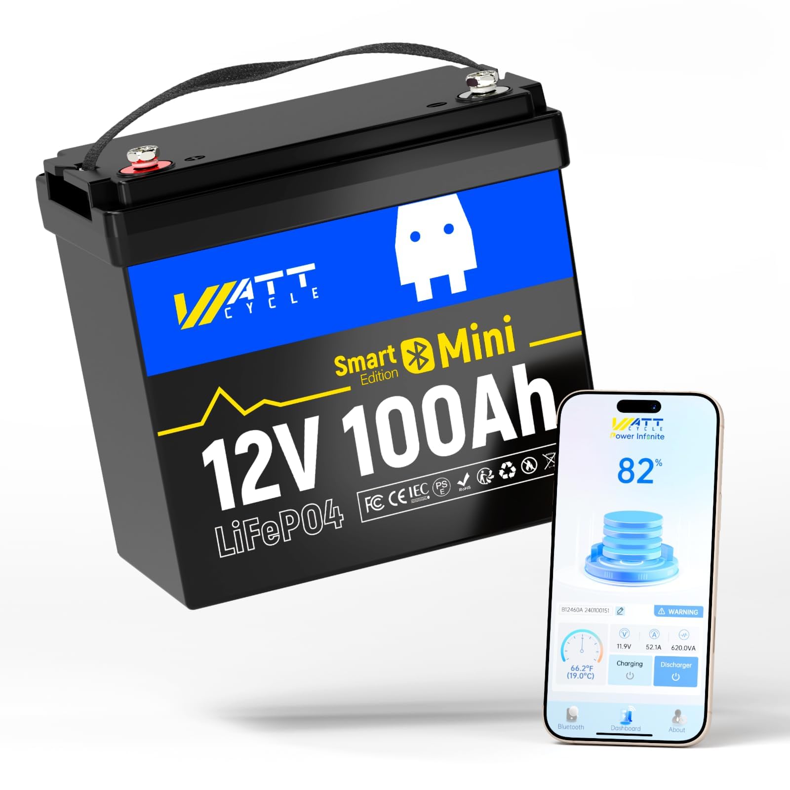 WattCycle 12V 100Ah Mini LiFePO4 Lithium-Batterie mit Bluetooth (12V 100Ah mini Bluetooth) von Wattcycle
