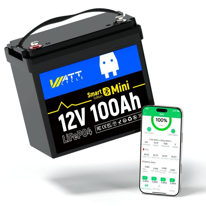 WattCycle 12V 100Ah Mini LiFePO4 Lithium-Batterie mit Bluetooth, Schutz vor niedrigen Temperaturen, integriertes 100A BMS, 1280Wh Energie, perfekt für Off-Grid, Wohnmobil, Solaranlage, Wohnwagen von Wattcycle