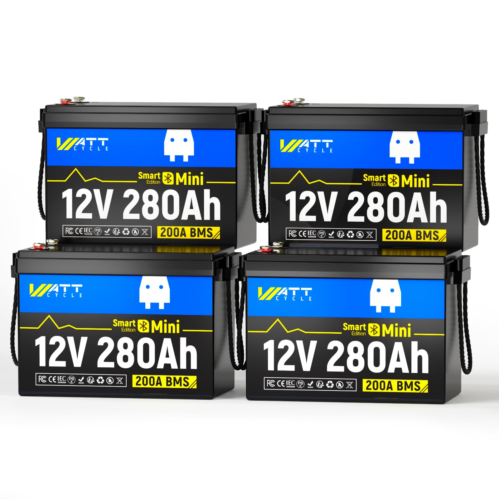 WattCycle 12V 280Ah Mini LiFePO4 Lithium Batterie mit Bluetooth, 200A BMS Niedertemperaturschutz, 5000-15000 Zyklen Max. 3584Wh Energie, perfekt für Wohnmobil, Camping(12V280miniBT-4Pack) von Wattcycle
