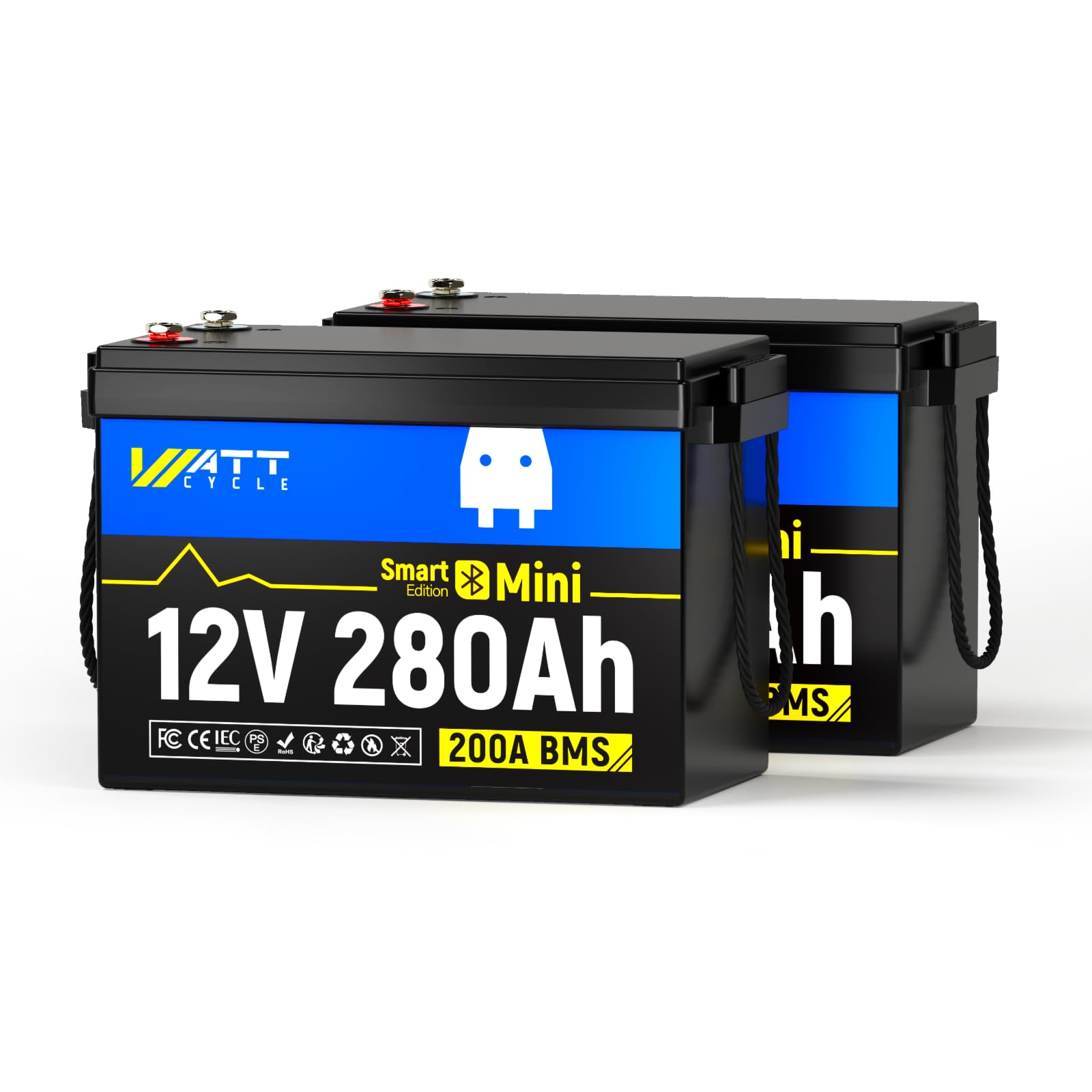 WattCycle 12V 280Ah Mini LiFePO4 Lithium Batterie mit Bluetooth, 200A BMS Niedertemperaturschutz, 5000-15000 Zyklen Max. 3584Wh Energie, perfekt für Wohnmobil, Camping (12V280miniBT-2Pack) von Wattcycle