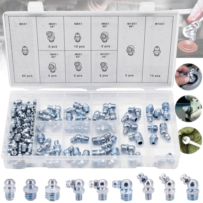 Weploda 110 Stück Schmiernippel Sortiment Kit, M6 M8 M10 Gerade Abgewinkelt 45°90° Kegelschmiernippel, Eisen Schmiernippel Set Kegelschmiernippel, Für Schmierpresse, Mit Aufbewahrungsbox von Weploda