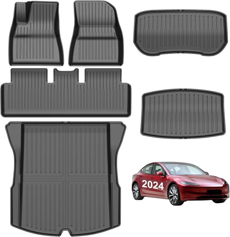 Weshyigo Fußmatten & Kofferraumdecken für Tesla Model 3 Highland 2024 2025 TPE wetterbeständig maßgeschneidert für Front Heck & Kofferraum 6-stückiges Kfz-Matten-Set von WeshyiGo