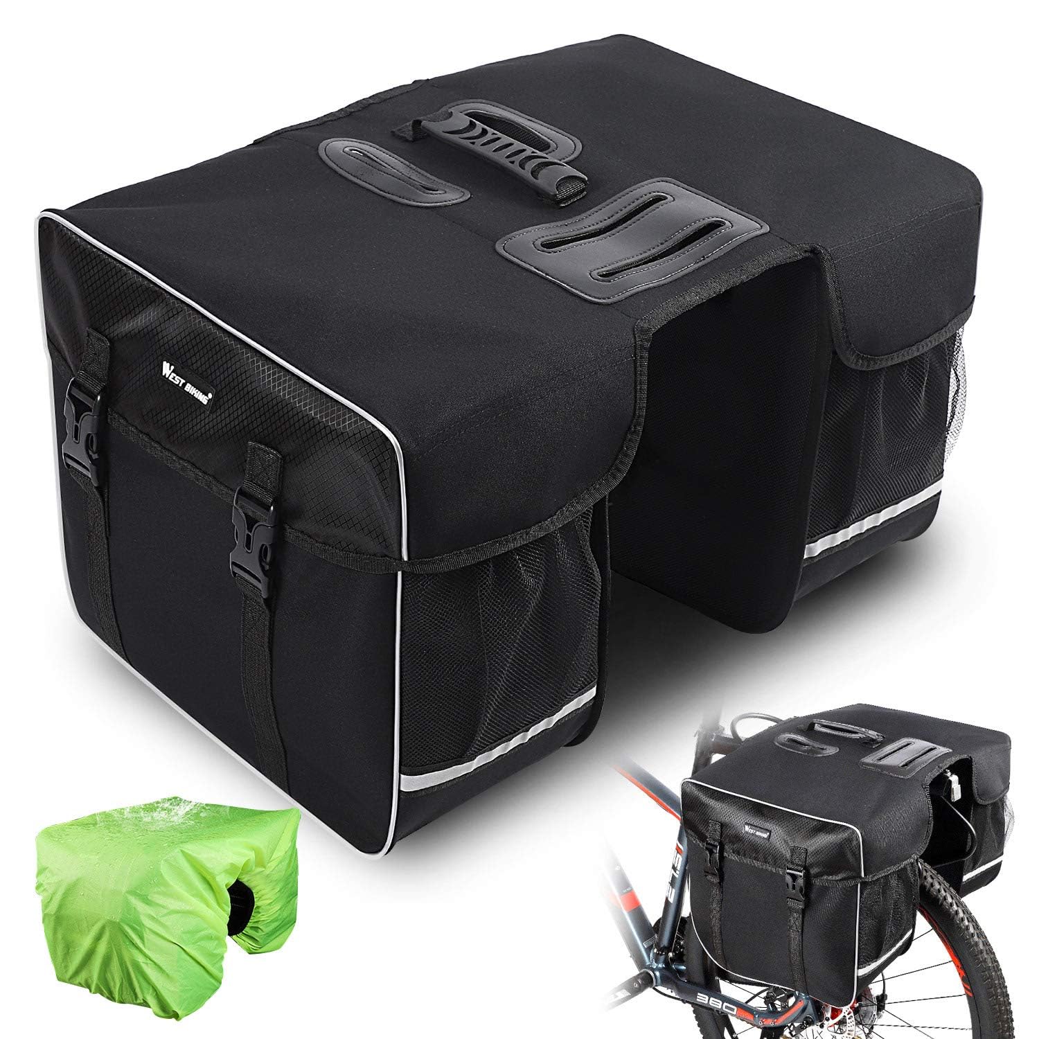 West Biking Fahrradtasche Doppeltasche Gepäckträger Tasche, 30L wasserdichte Große Packtaschen, Rücksitz-Kofferraumtasche mit Gurt, Reißfeste Gepäcktasche für Pendlergepäckträger mit Regenschutz von West Biking