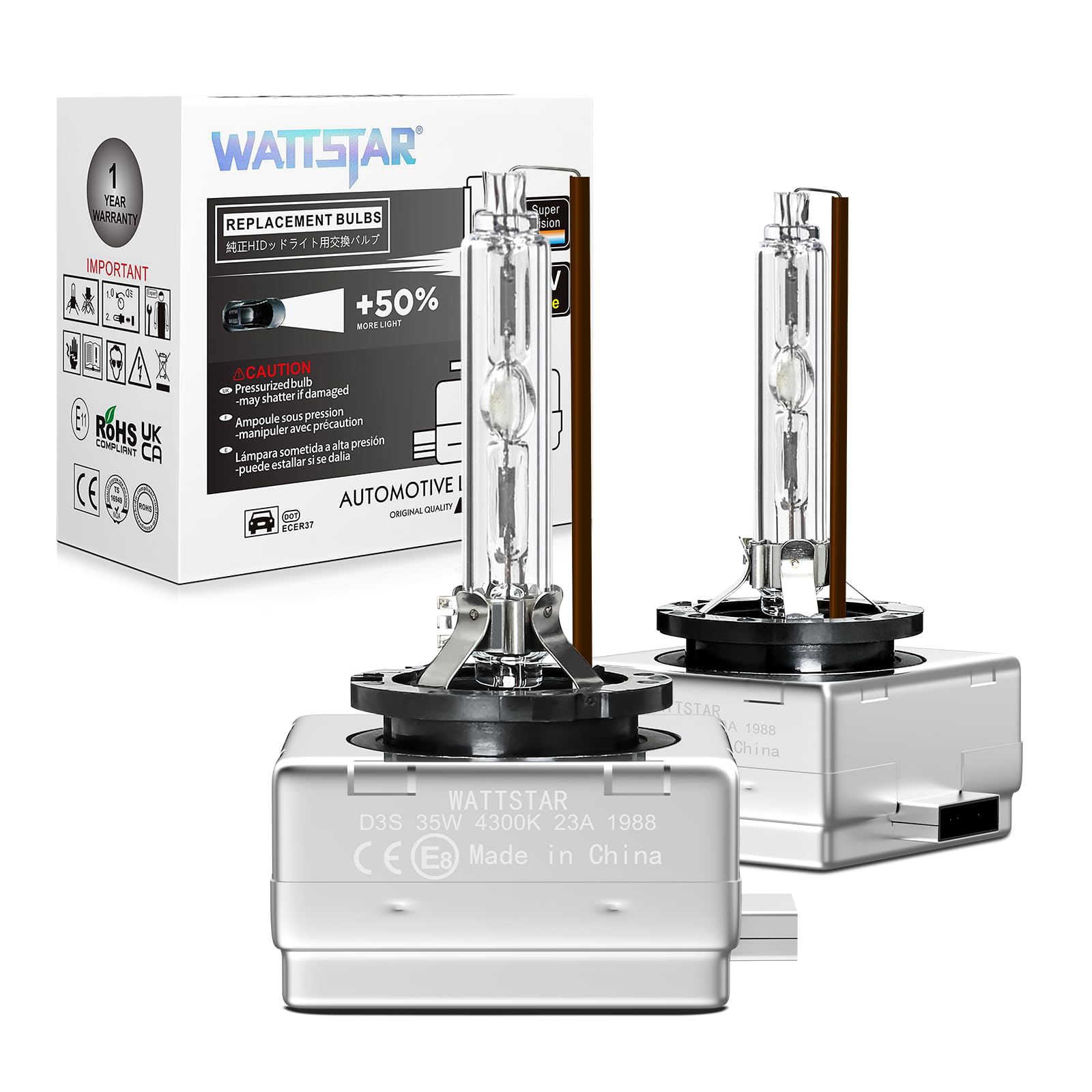 Wattstar D3S 4300K 35W HID Scheinwerferlampe, warmweiße Xenon-Scheinwerferlampen, IP68 wasserdicht, Packung mit 2.… von wattstar