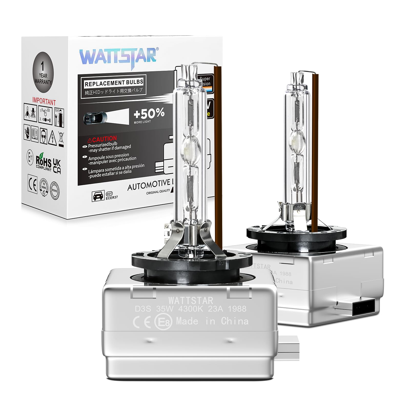 wattstar D3S 4300K 35W HID Scheinwerferlampe, warmweiße Xenon-Scheinwerferlampen, IP68 wasserdicht, Packung mit 2.… von wattstar