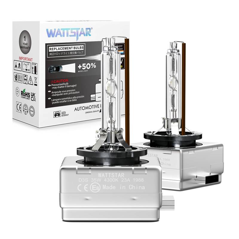 wattstar D3S 4300K 35W HID Scheinwerferlampe, warmweiße Xenon-Scheinwerferlampen, IP68 wasserdicht, Packung mit 2.… von wattstar
