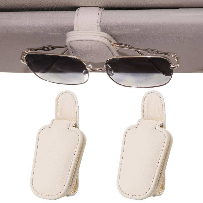 WiMas 2 Pack Magnetische Brillenhalter Leder Sonnenbrillen Halterung Sonnenbrillenhalter Brillenhalterung für Auto Sonnenblende Ticket Karten Clip (Beige) von WiMas