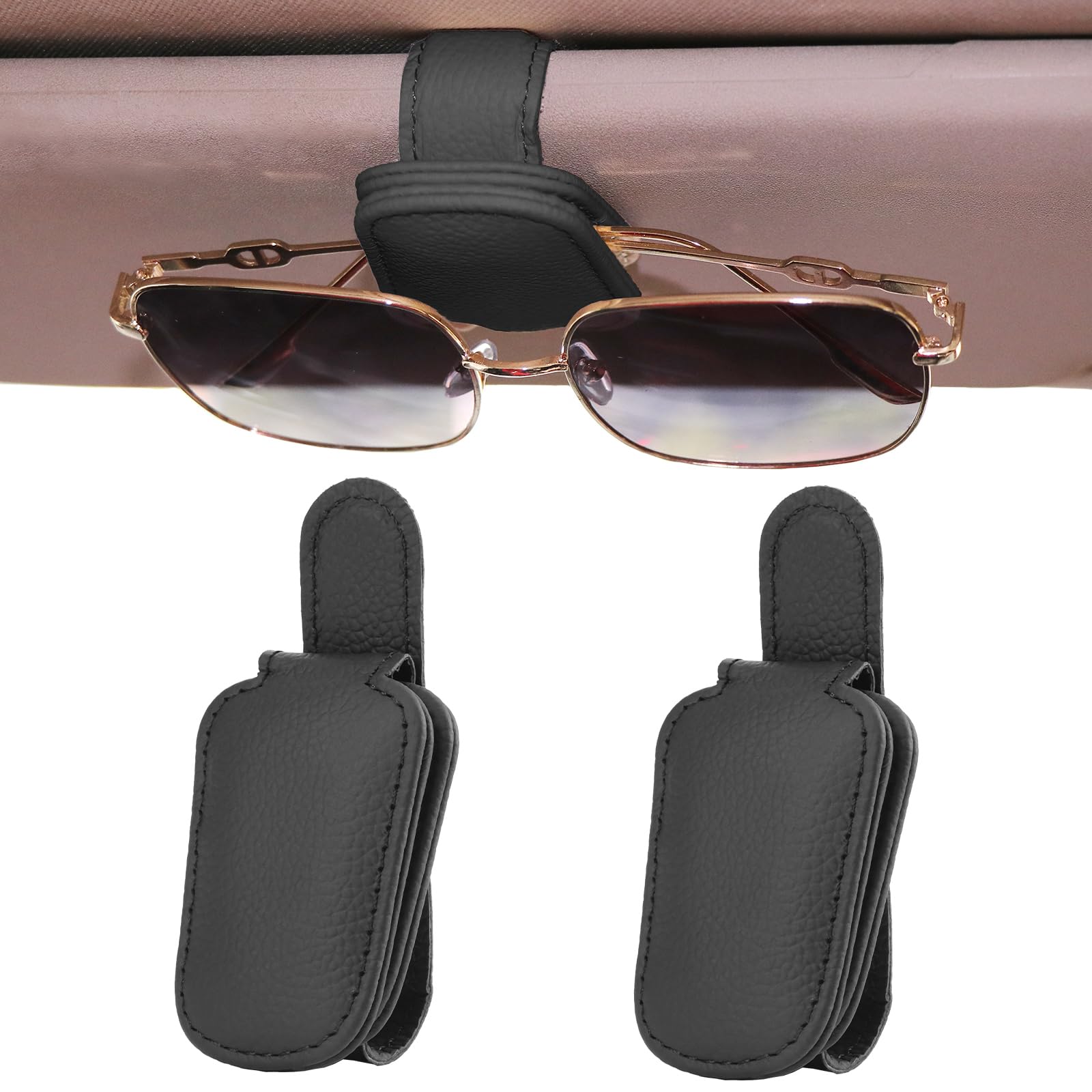 WiMas 2 Pack Magnetische Brillenhalter Leder Sonnenbrillen Halterung Sonnenbrillenhalter Brillenhalterung für Auto Sonnenblende Ticket Karten Clip (Schwarz) von WiMas