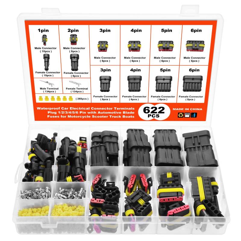 WiMas 622 Stück Auto Wasserdichte Schnellverbinder, Anschlussstecker 1/2/3/4/5/6 Polig Kabel Steckverbinder Stecker Wasserdichter Stecker für Motorrad Scooter LKW Boote von WiMas