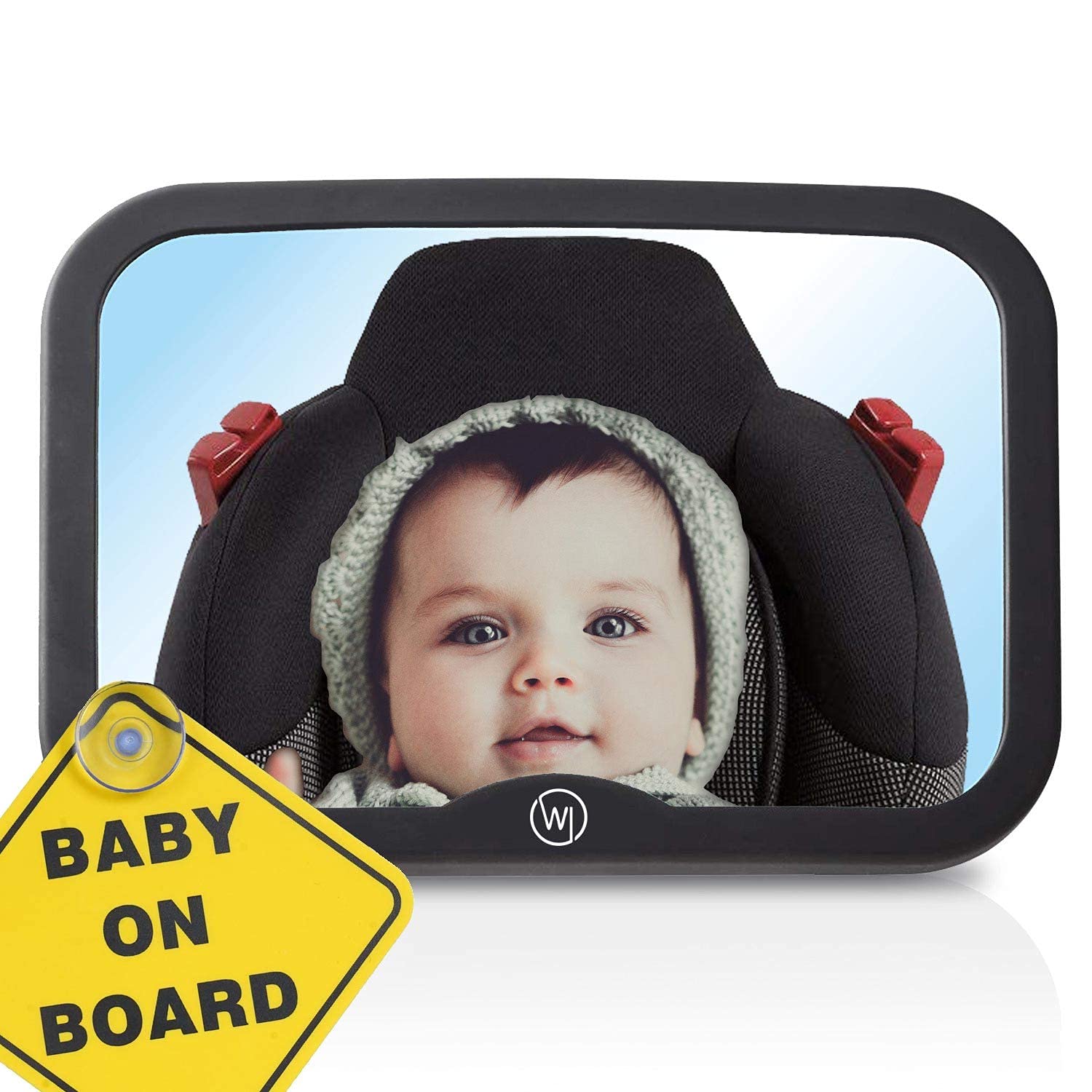 Baby Autospiegel für Kopfstütze | Rückspiegel bruchsicher & extra groß | Rücksitzspiegel für Babys | Baby Erstausstattung Auto Zubehör KFZ Spiegel (Baby on Board Schild, 360° schwenkbar) von Wicked Chili