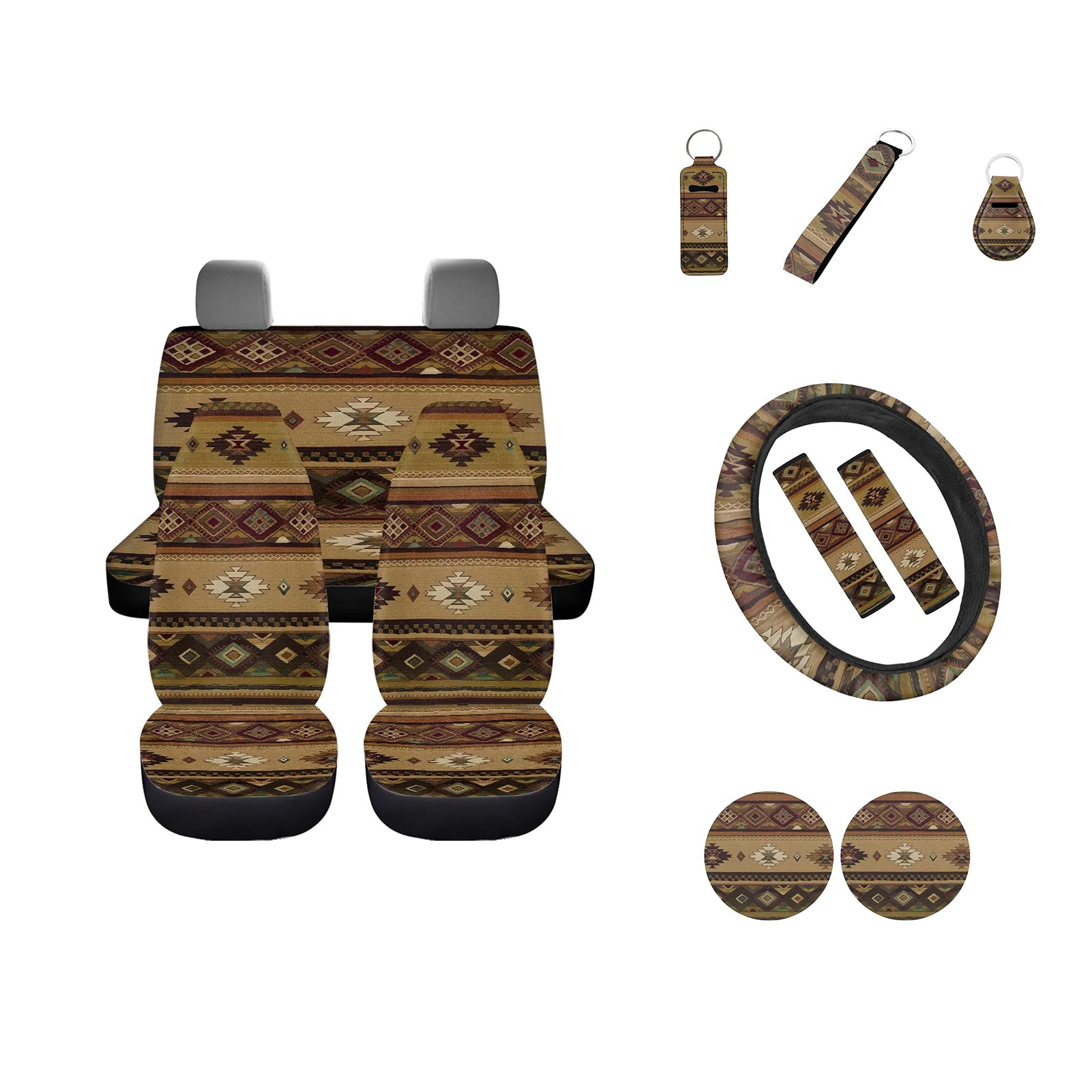 Wideasale Autositzbezüge, Aztekenmuster, komplettes Set, Ethno-Stil, Boho-Autositzbezüge, Lenkradbezüge, Sicherheitsgurtpolster, Schlüsselanhänger, Untersetzer, Lippenstifthalter, Braun, 12 Stück von Wideasale