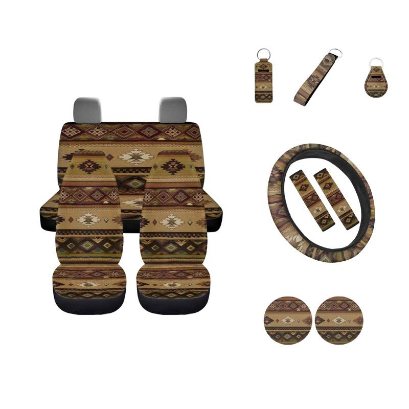 Wideasale Autositzbezüge, Aztekenmuster, komplettes Set, Ethno-Stil, Boho-Autositzbezüge, Lenkradbezüge, Sicherheitsgurtpolster, Schlüsselanhänger, Untersetzer, Lippenstifthalter, Braun, 12 Stück von Wideasale