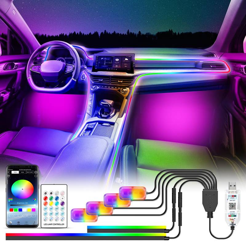 Wilktop LED Innenbeleuchtung Auto USB, Regenbogen RGBic 210 Blinkende Modi，Auto Led Innenbeleuchtung 2 in 1 für Mittelkonsole und 4 Fußraumbeleuchtung, App, Taste und Fernbedienung, Auto led 5V von Wilktop