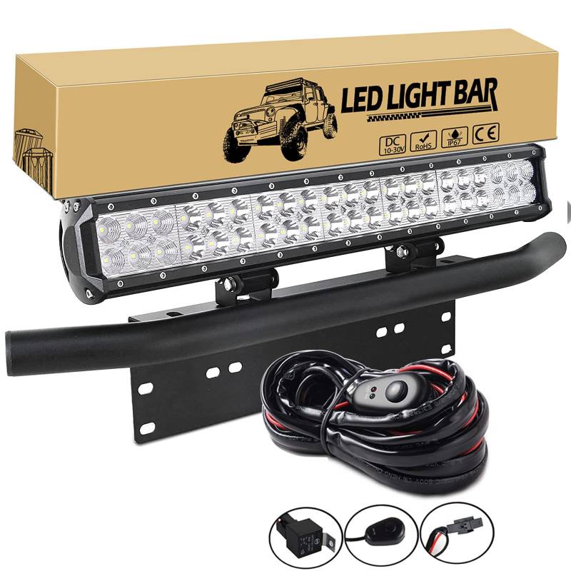 Willpower 126 W 50,8 cm LED-Lichtleiste + 58,9 cm Kennzeichenhalter Universal Aluminium + Kabelbaum Kit Lichtleiste Frontstoßstange Nummernschildrahmen für Off-Road LED-Arbeitslichtleiste von Willpower