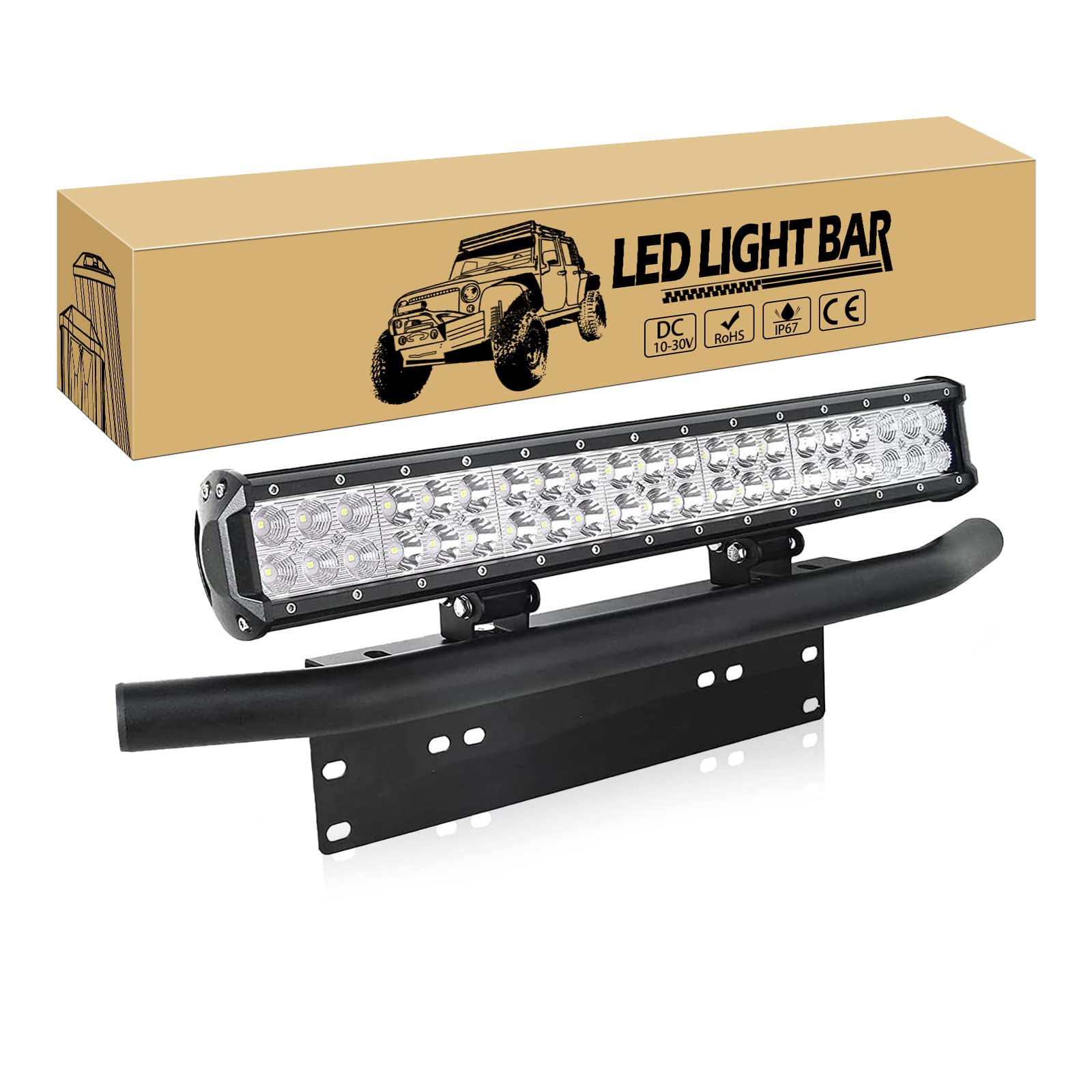 Willpower 126 W 50,8 cm LED Lichtleiste Flutlicht Spot Combo Beam + 23 Zoll Kennzeichenhalter Universal Aluminium Frontstoßstange Nummernschildrahmen für Offroad 4x4 LKW Traktor Boot Auto ATV von Willpower