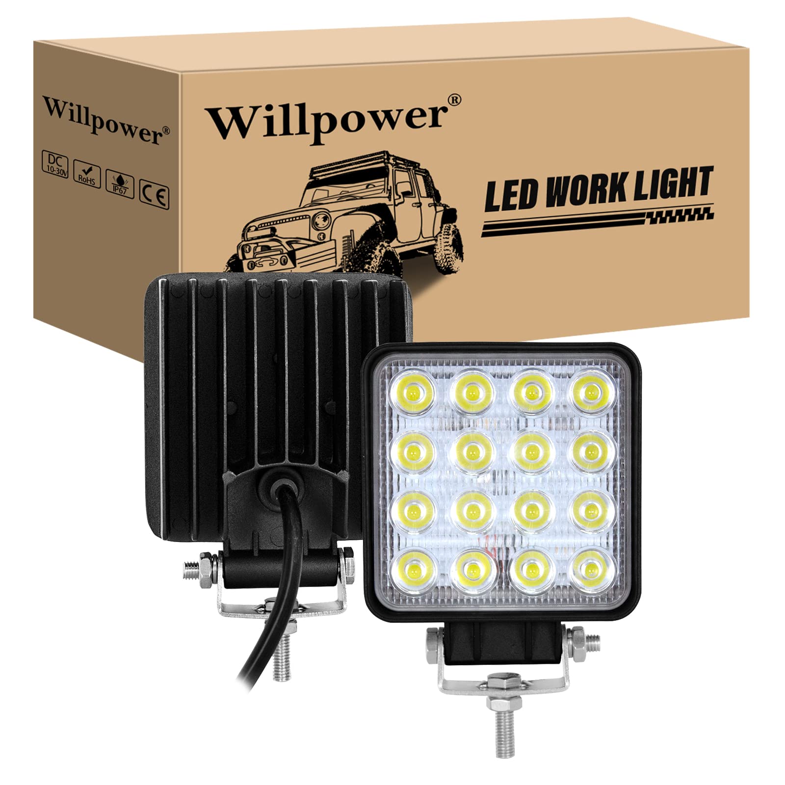 Willpower LED-Arbeitsscheinwerfer, 10,2 cm, 48 W, Flutlicht, LED-Lichtleiste, 12 V, 24 V, wasserdicht, Offroad-Fahrlicht, Nebelscheinwerfer für LKW, Traktor, Auto, Allrad, ATV, UTV, SUV, Boot, von Willpower