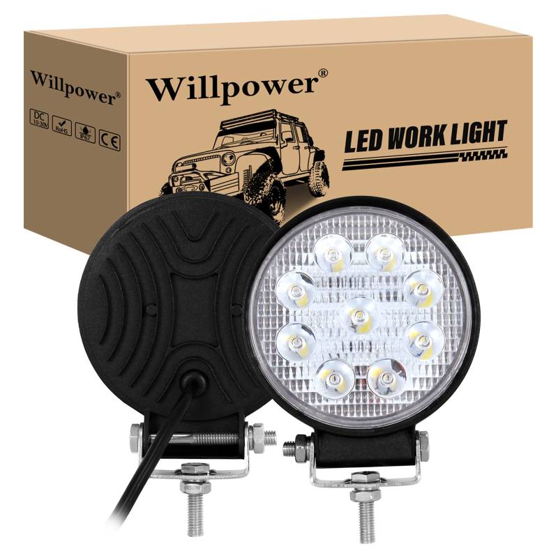 Willpower 2pc LED Scheinwerfer 10cm 4‘’ 27W LED Arbeitsscheinwerfer 12V 24V Zusatzscheinwerfer Auto Rückfahrscheinwerfer Led Wasserdicht für Offroad Traktor SUV ATV Rund von Willpower