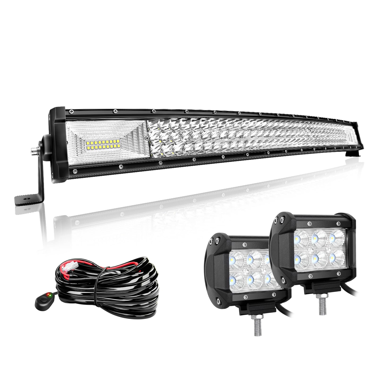 Willpower 32 Zoll 81CM 405W Led Arbeitsscheinwerfer Bar Gebogen + 2pcs 4 Zoll 18W Led Scheinwerfer + Kabelbaum 12V 24V LED Bar für Offroad Auto Traktor Zusatzscheinwerfer Rückfahrscheinwerfer Lightbar von Willpower