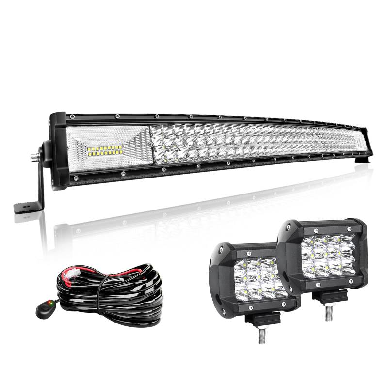 Willpower 32 Zoll 81CM 405W Led Arbeitsscheinwerfer Bar Gebogen + 2pcs 4 Zoll 36W Led Scheinwerfer + Kabelbaum 12V 24V LED Bar für Offroad Auto Traktor Zusatzscheinwerfer Rückfahrscheinwerfer Lightbar von Willpower