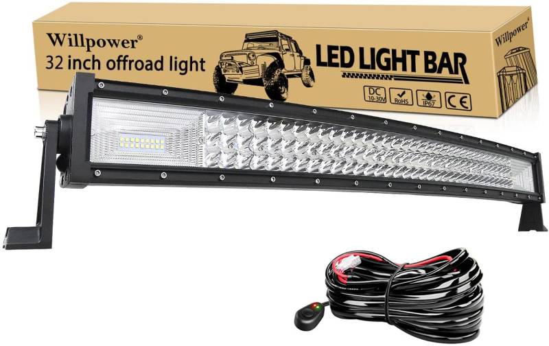 Willpower 32 Zoll 405W Gebogene LED-Lichtleiste Spot Flood Combo Dreireihige Led Offroad Fahren Nebelscheinwerfer Mit Halterung Und Kabelbaum Für 4WD 4X4 ATV Pickup Truck Traktor Boot von Willpower